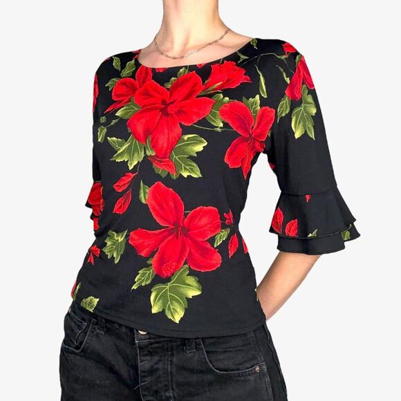 Black floral print ruffle sleeve red flowered boho work - Picture 5 of 8